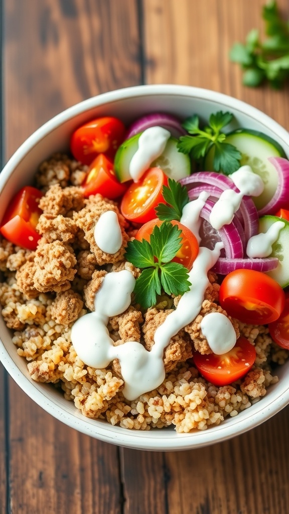 A Mediterranean turkey quinoa bowl with quinoa, ground turkey, tomatoes, cucumber, and tzatziki sauce on a wooden table.